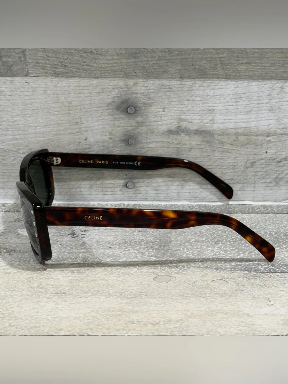 CELINE Paris Tortoiseshell Acetate Sunglasses with Green Lenses and Case